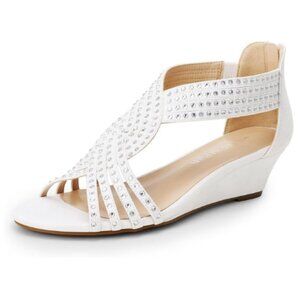 DREAM PAIRS Women's Open Toe Wedges Sandals Sparkly Rhinestone Zipper White 7M